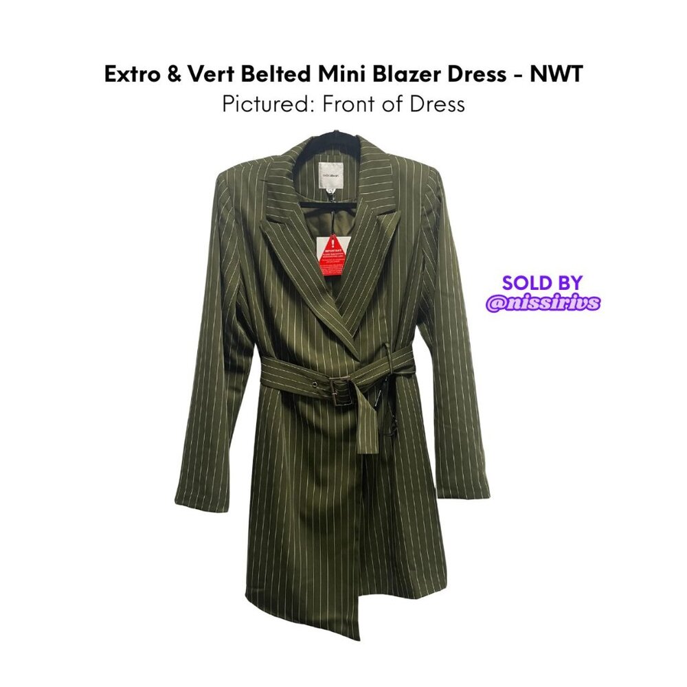 💜 NWT Extro & Vert Belted Mini Blazer Dress (Green w/ Khaki Stripes) - Picture 5 of 7